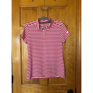 Nike Golf Dri-FIT Womens Red White Striped Polo Shirt Medium Mule Mascot Logo